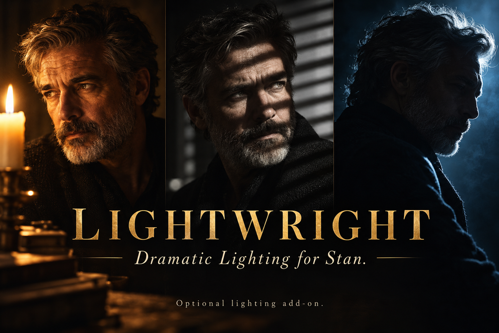 LightWright dramatic lighting artwork showing candlelight, noir shadows and blue rim light.